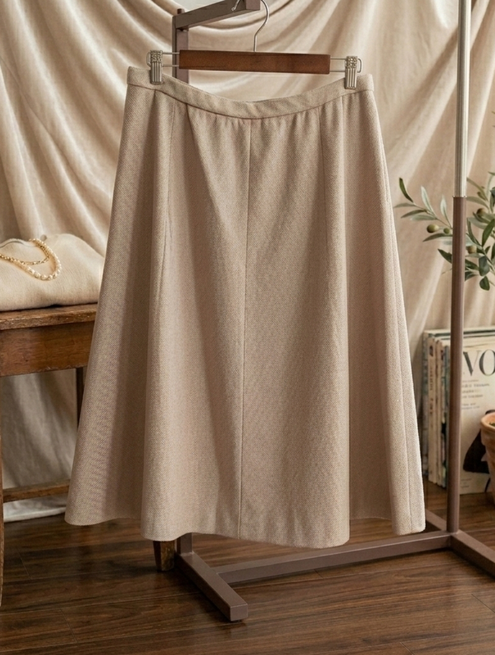 Classic A-Line Midi Skirt in Beige